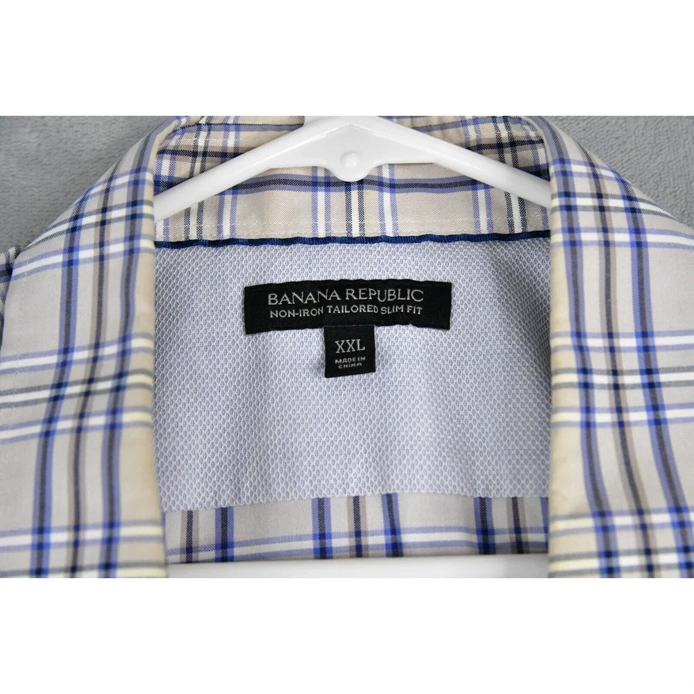Banana Republic Shirt Men 2XL Slim Beige Blue Non-Iron Plaid Button Up